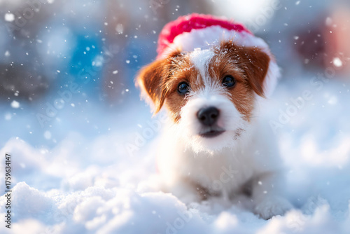 Prion wearing Santa hat on snowy ground petrel bird winter holiday portrait