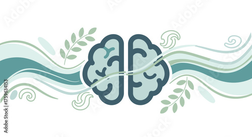Human brain stylized artwork with flowing lines and leaves representing mental health and wellness