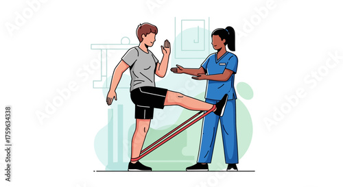 Physical therapy session Patient exercising leg with resistance band under therapist supervision rehabilitation clinic healthcare concept