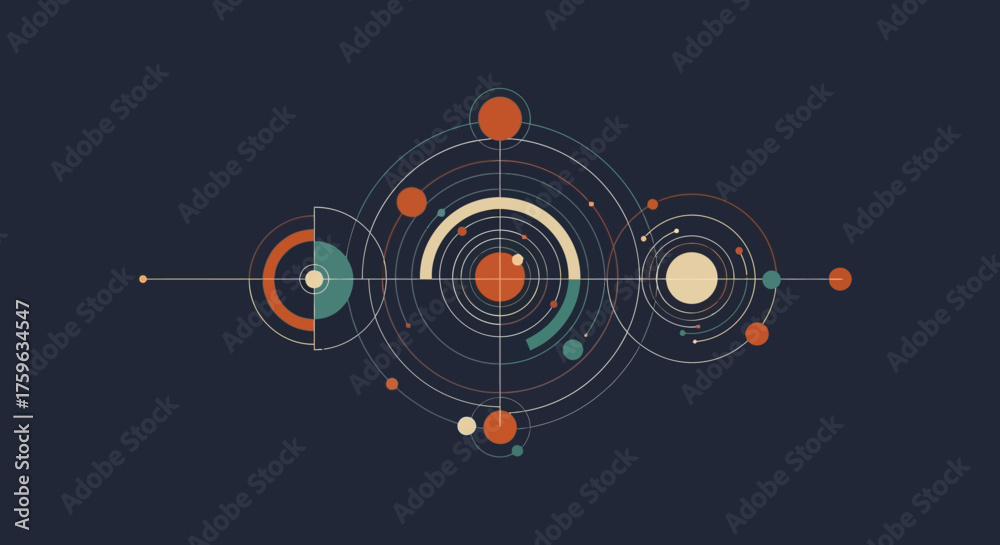 Obraz premium Abstract geometric composition minimalist style circular shapes connecting lines dark blue backdrop modern art