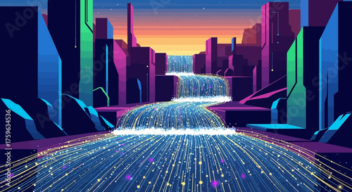 Futuristic city flowing river vibrant colors digital art urban landscape serene atmosphere