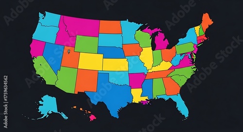 Bright Pop Art Style Map of the United States on Dark Background
