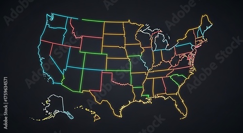 Neon Glow Outline Map of the United States on Dark Background