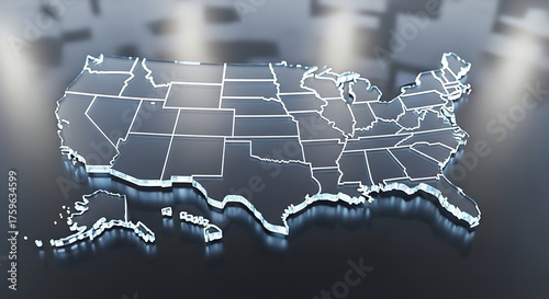 Futuristic USA Map with Glowing Glass Outline and Reflection