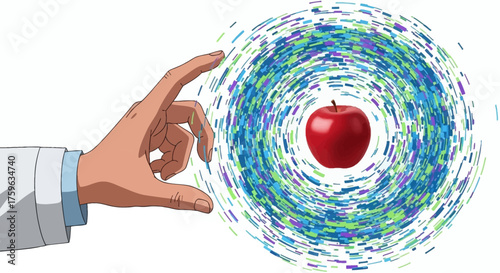 Hand holding apple surrounded by energy field science concept