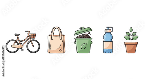 Eco friendly lifestyle items Line art style Sustainable living concept