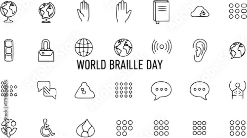 World Braille Day concept with line icons for accessibility, disability awareness, education, vision, hearing, and touch communication symbols
