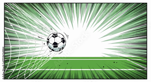 Dynamic soccer football goal sport illustration in a vibrant pop art comic style with retro explosion rays