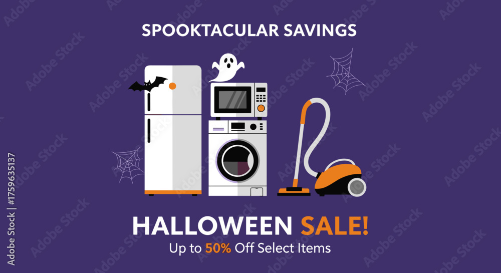 Obraz premium Halloween sale banner with household appliances ghost bat and spider webs on a purple background Spooktacular savings for retail