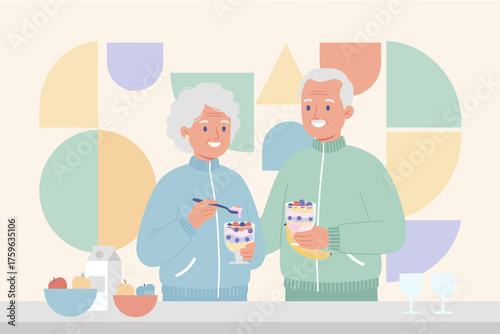A senior couple happily enjoying healthy fruit and yogurt parfaits for a nutritious lifestyle