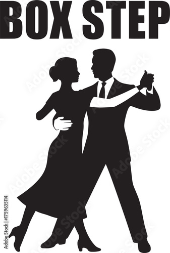 Box Step dance couple silhouette in formal wear with text lesson on transparent background