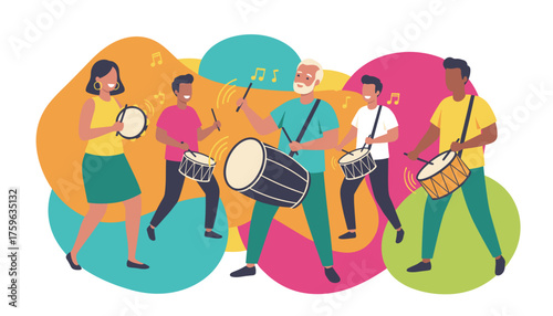 Joyful group playing drums and tambourine Diverse musical celebration and community event
