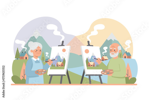 Happy senior couple painting scenic landscapes together enjoying a creative retirement hobby