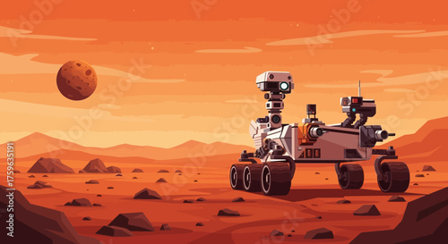 Mars rover exploring surface of red planet digital painting rocky terrain distant planet exploration concept
