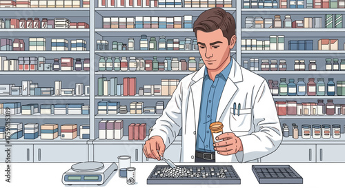 Pharmacist preparing medication in pharmacy with shelves full of medicine healthcare professional at work
