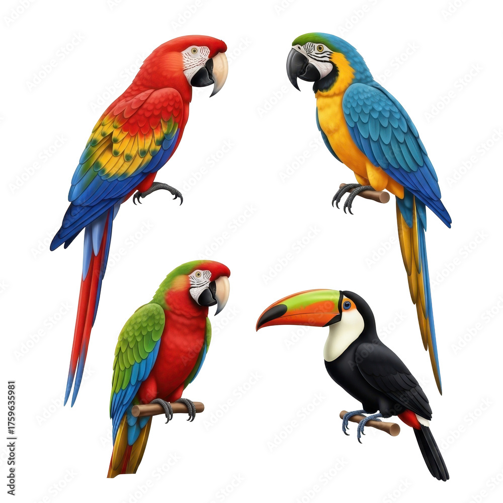 Obraz premium Colorful parrots and toucan birds in vibrant tropical setting.