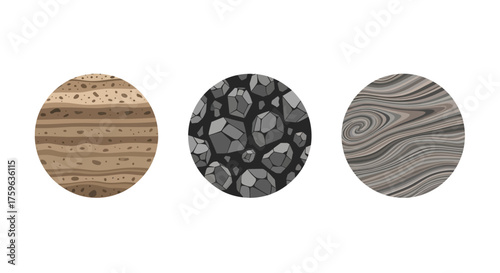 Three abstract textured circles wood rock marble neutral palette simple presentation