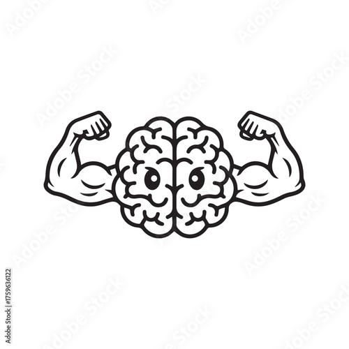 Strong brain icon with flexing muscle arms. Line art symbol of mental power, willpower, and intelligence. Vector for mental health and brain training.
