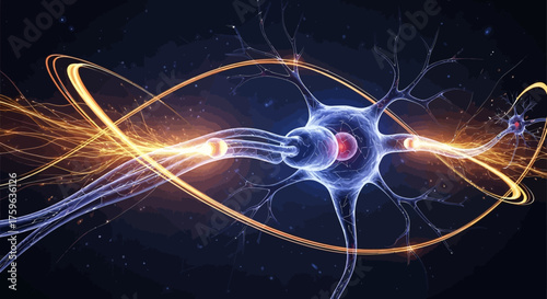 Neuron cell Glowing network connection with energy streams neural pathway concept