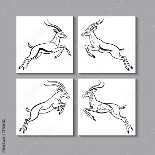  Elegant Gazelle in Motion – Black & White Minimal Line & Silhouette Vector