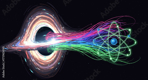 Black hole and atom colorful energy streams cosmic physics concept