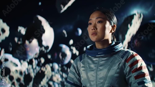 A determined astronaut, gazing into the vast expanse of space, surrounded by celestial objects. The astronaut is inside a space suit, with determination on their face