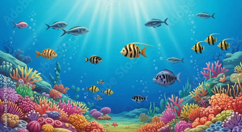 School of fish swimming over vibrant coral reef underwater scene colorful marine life