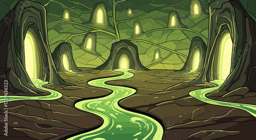 Mystical cavern glowing portals winding river fantasy landscape mysterious adventure