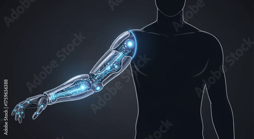 Robotic arm futuristic technology detailed view human body outline innovation concept