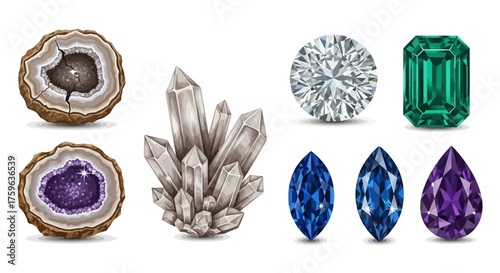 Assorted gemstones Hand drawn style Various cuts and colors Luxury concept