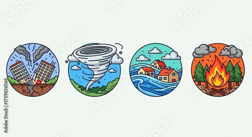Natural disasters Line art style Round compositions Earthquake tornado flood fire danger