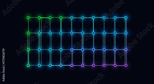 Glowing grid network Neon style Connected points and lines Data structure concept