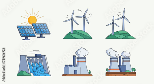 Renewable energy sources in vector style including solar panels wind turbines hydroelectric dam and nuclear power plant clean energy concept