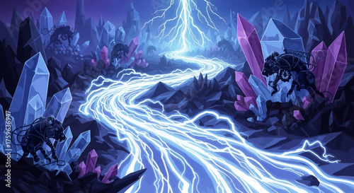 Crystal river landscape digital painting glowing lightning bolts fantasy environment magical energy