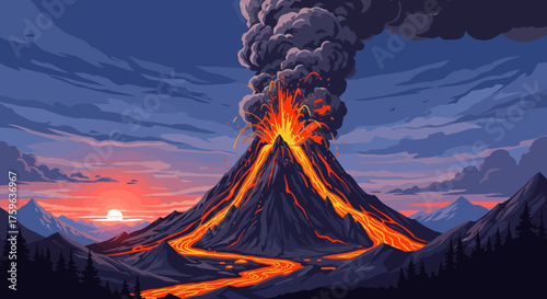 Volcano erupting with lava flowing down sides dramatic sky at sunset powerful nature scene