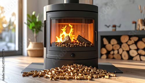 Modern pellet stove with cozy fire burning inside, surrounded by wood pellets on floor, in bright room with wooden flooring