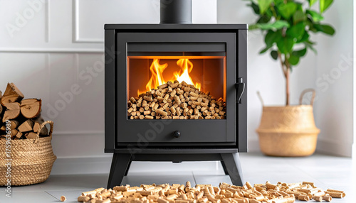 Modern pellet stove with cozy fire burning, surrounded by wood pellets and potted plant in bright room