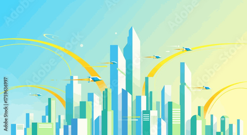 Futuristic cityscape stylized art bright pastel colors flying vehicles urban utopia optimistic future