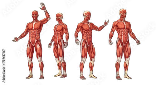 Human muscular system anatomical study detailed medical illustration human body