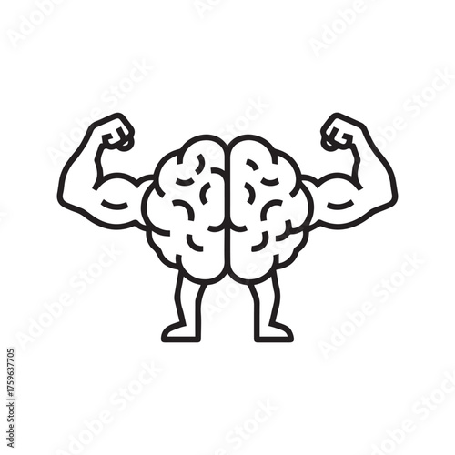 Strong brain icon with flexing muscle arms. Line art symbol of mental power, willpower, and intelligence. Vector for mental health and brain training.

