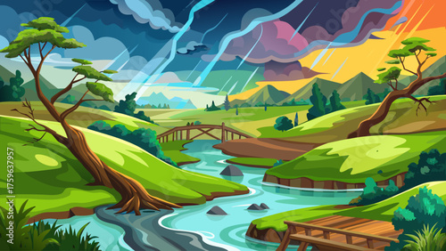 River overflowing through green valley after heavy rain, muddy water covering fields, broken trees and flooded bridge, cloudy sky reflecting on surface, dramatic natural disaster scene
