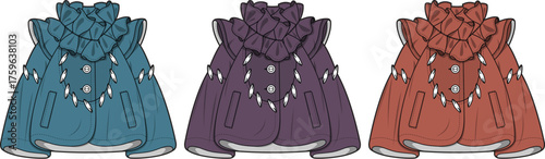 Varied Color Options for Elegant Hooded Capes Teal, Purple, and Rust, Stylish Garment Design Concepts