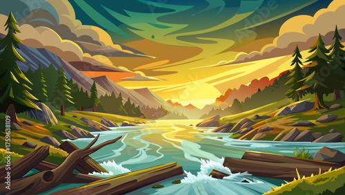Wide river overflowing into nearby forest, strong currents sweeping fallen logs, mist rising from surface, golden sunrise light filtering through storm clouds