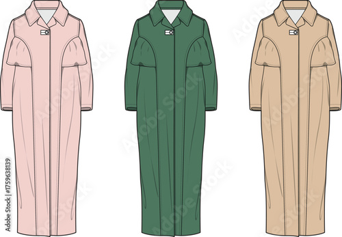 Technical fashion illustration of a long women's trench coat, showcasing design elements in soft pink, forest green, and classic beige, ideal for apparel design and production documentation