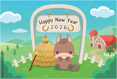 午年　年賀素材　2026年　馬と牧場の家2