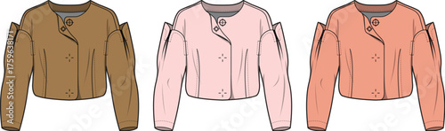 Vector illustration set of a women's long sleeve cropped jacket with a stylish cold shoulder design, presented as a fashion flat sketch template