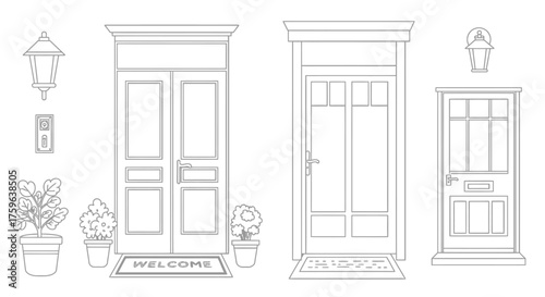 Line art illustration depicting three distinct exterior house doorways and details