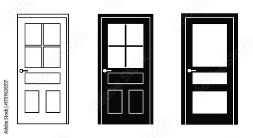 Three variations of black and white interior doors with glass panels