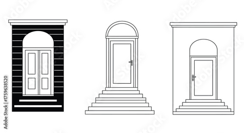 Three architectural doorway designs displayed in a simple black and white style