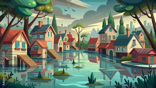 Flooded town near riverbank, streets submerged in water, rooftops and trees peeking through surface, calm reflection of gray sky creating surreal quietness